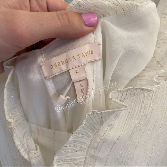 NWT Rebecca Taylor White Gold Ruffle Short Sleeve Fit Flare Mini Dress Large - Picture 11 of 14
